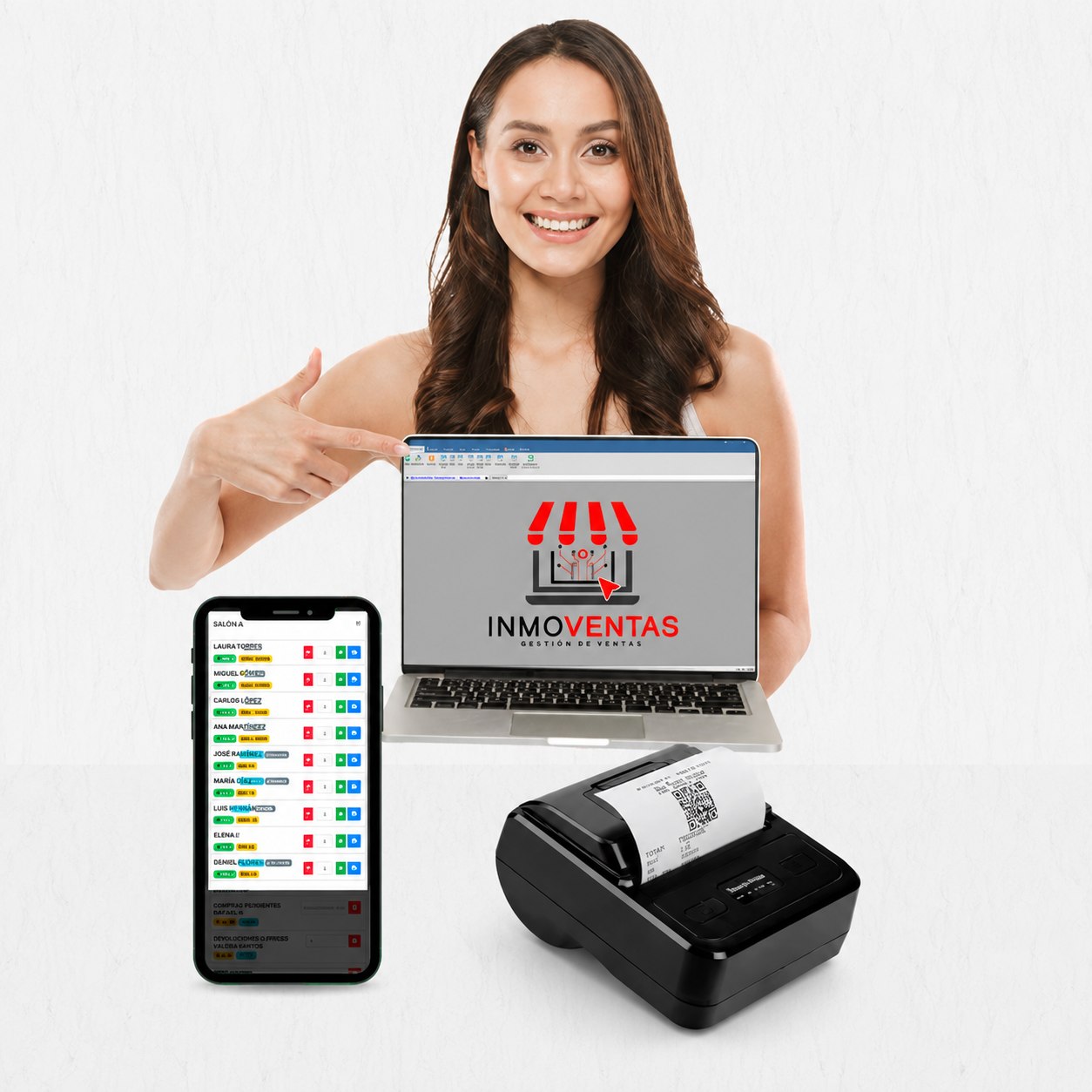 Emprendedora usando INMOVENTAS desde computadora y dispositivo móvil